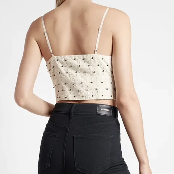 Eyelet Deep V-Neck Embellished Cropped Cami - Picture 4 of 5